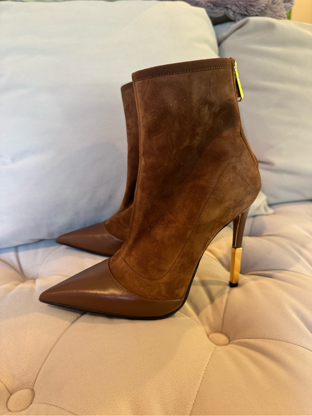 Balmain brown suede leather ankle zip heeled boots, made in Italy 38- 8 US